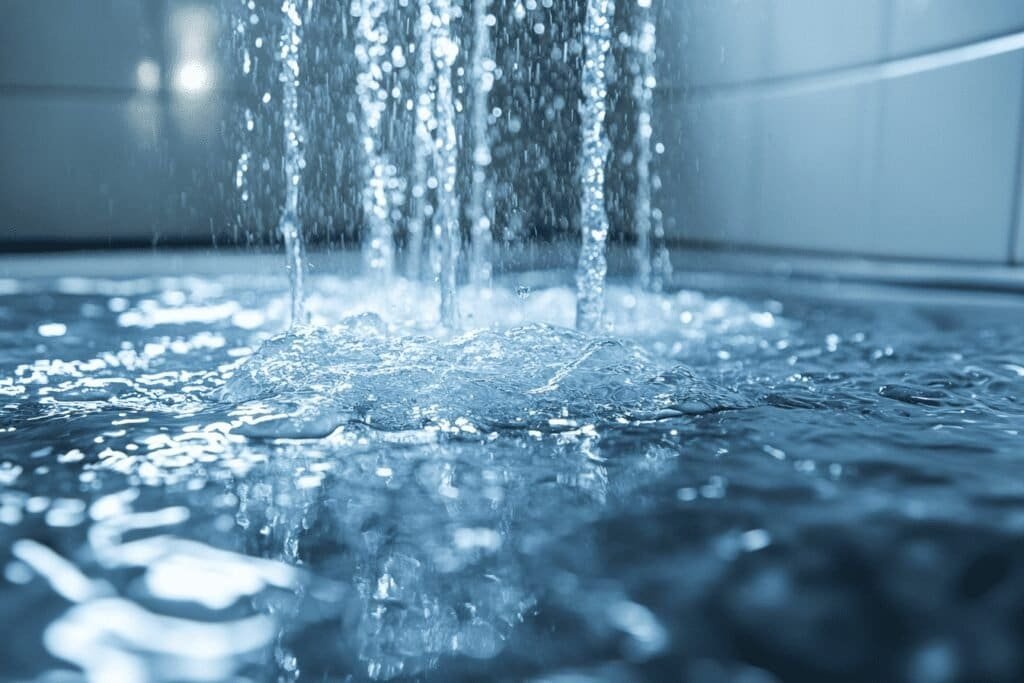 Running water in a modern shower, highlighting water flow and shower efficiency.