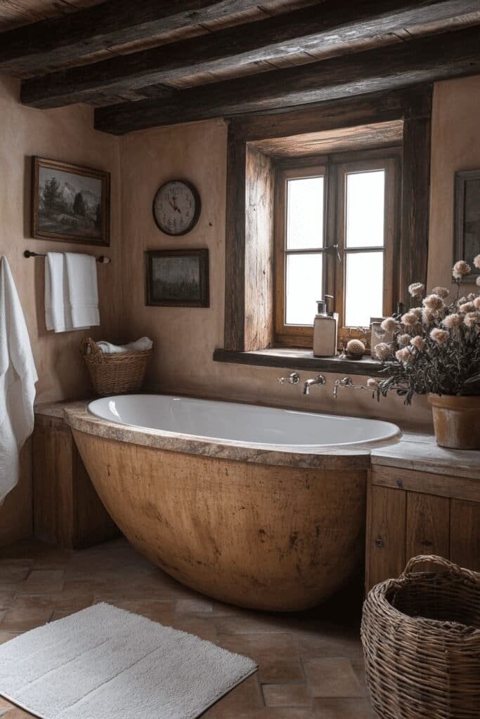 Rustic bathroom design with wood accents, natural stone sink, and freestanding tub.