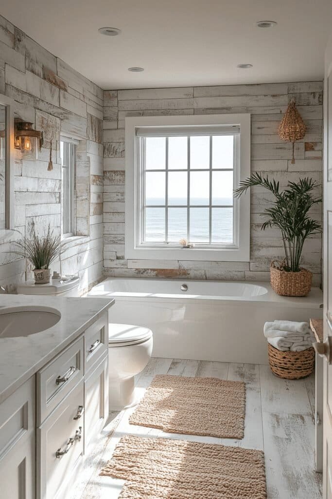 Rustic coastal bathroom with wood-look tiles and stone accents.