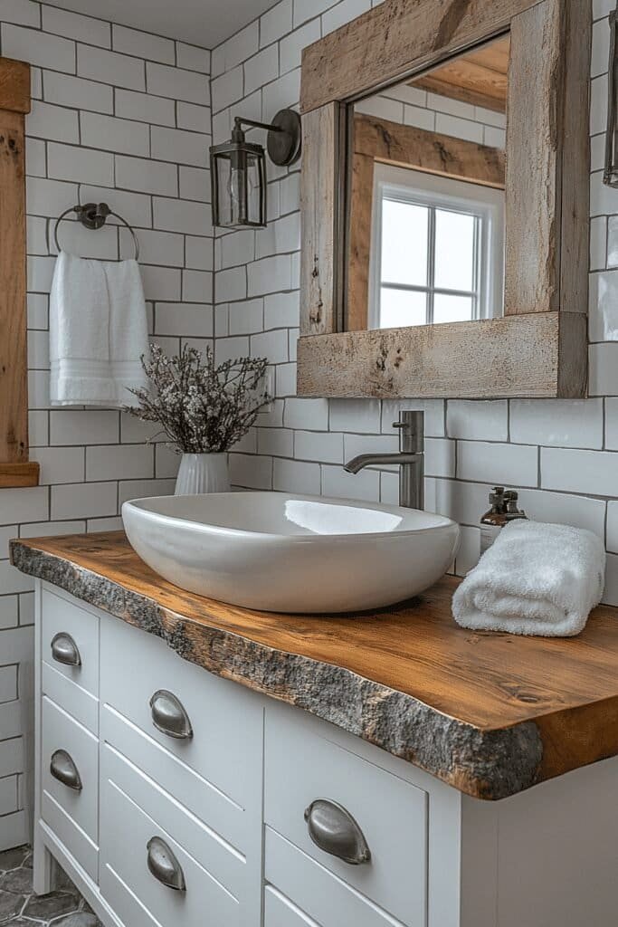 Farmhouse bathroom with a reclaimed wood vanity and rustic decor.