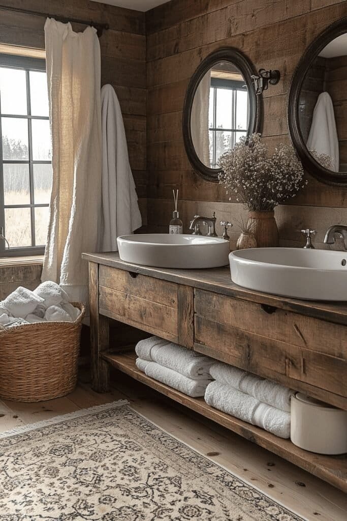 Rustic small bathroom with wood accents and vintage fixtures.