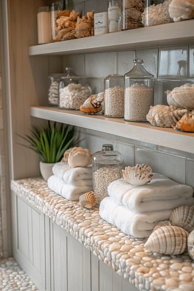 Beach-themed bathroom featuring seashell decor on shelves and countertops.