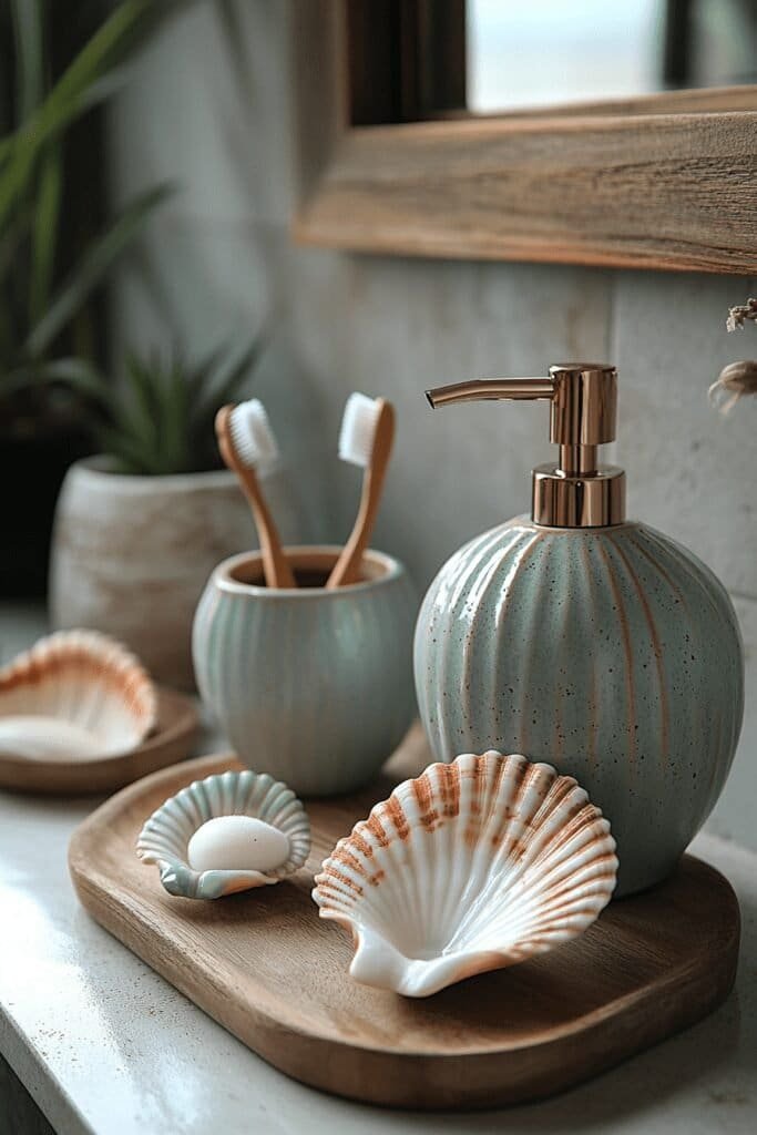 Seashell-shaped soap dispenser and toothbrush holder set for beach themed bathroom