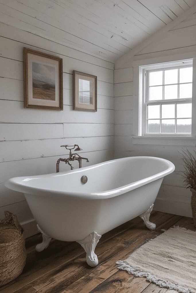 Farmhouse bathroom with white shiplap walls and vintage fixtures.