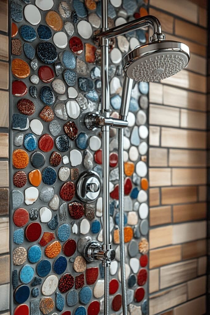 Shower featuring a mosaic tile accent wall, adding style and color to tile walls in shower design