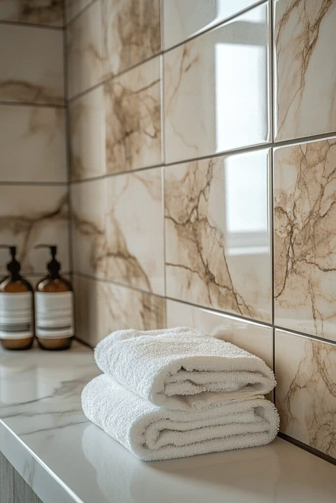 Tile wall of a shower after regrouting, showing clean, fresh grout lines—demonstrating how to regrout a shower.