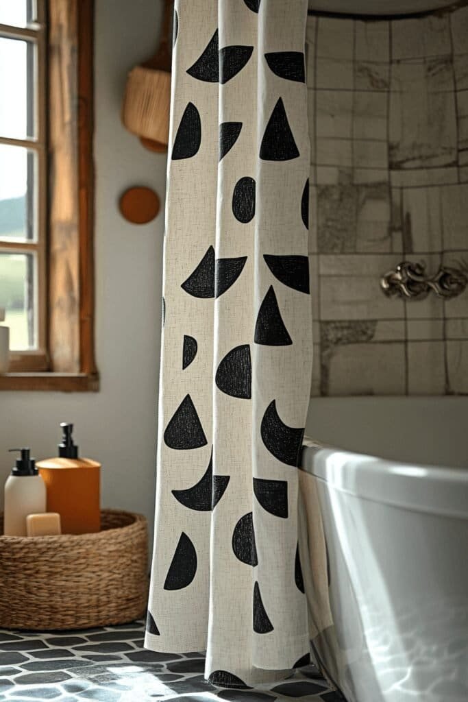 Shower curtain with bold patterns in a modern bathroom, emphasizing stylish bathroom decor.