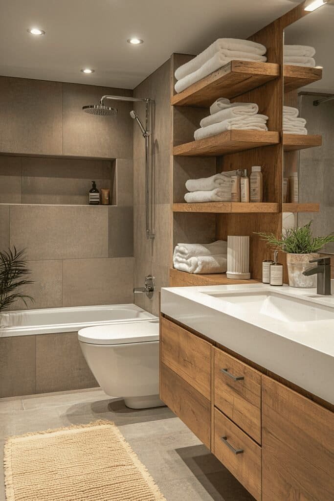 Small bathroom design with recessed shelving and modern fixtures.