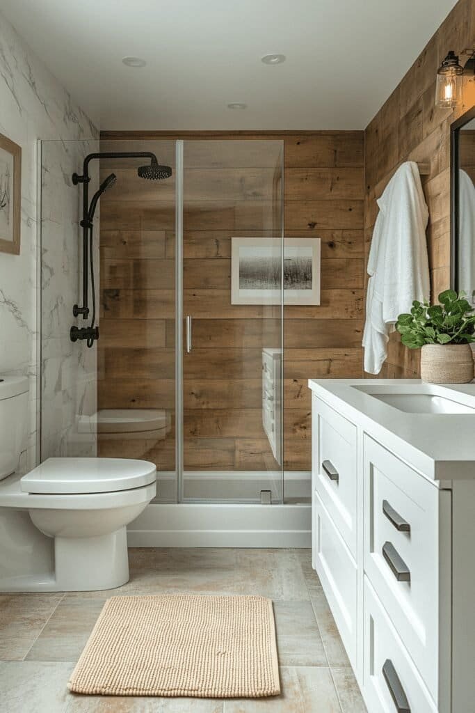 Small bathroom remodel with walk-in shower and sleek storage solutions.