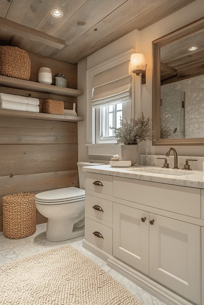 Small bathroom with smart storage solutions, maximizing vertical space