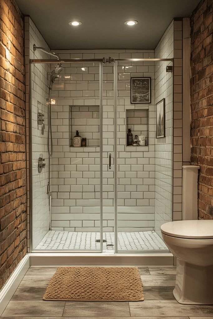 Walk-in shower in a small bathroom with glass partition and subway tiles.