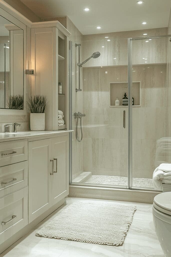 Space-saving small bathroom design with compact vanity and walk-in shower.