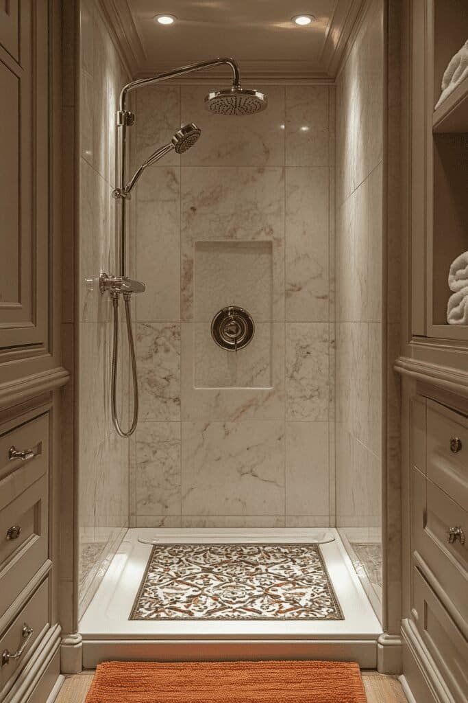 Compact walk-in shower for small bathrooms with modern tile work and efficient drainage.