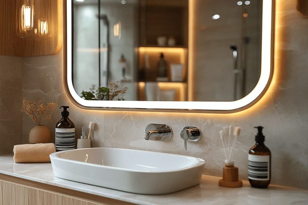 Modern bathroom design featuring a smart mirror with integrated lighting and touch controls.