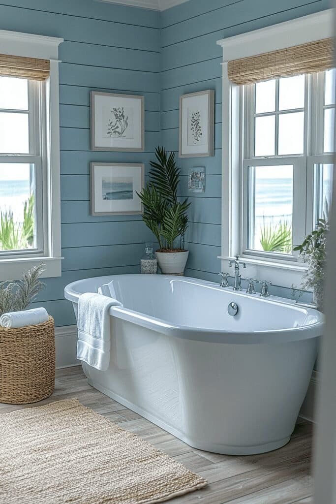 Beach-themed bathroom with soft blue walls and white accents.