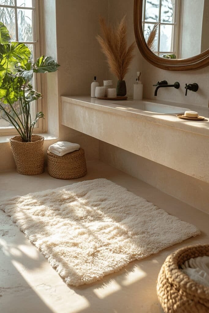 Soft cotton rug for the bathroom placed in front of a sink in a modern bathroom.