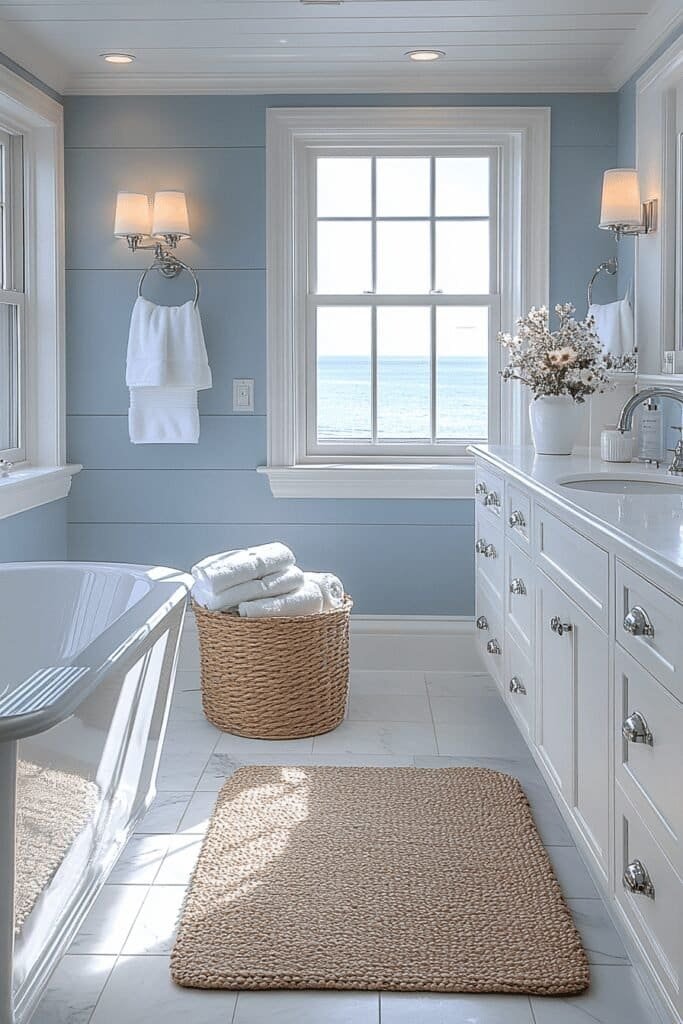 Light and airy bathroom with soft pastel blue walls and white decor.