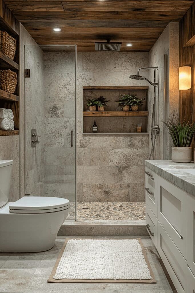 Serene spa bathroom with natural stone elements and soft lighting.