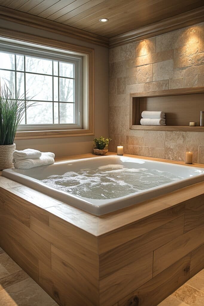 Spa-like bathroom with neutral tones and natural wood finishes