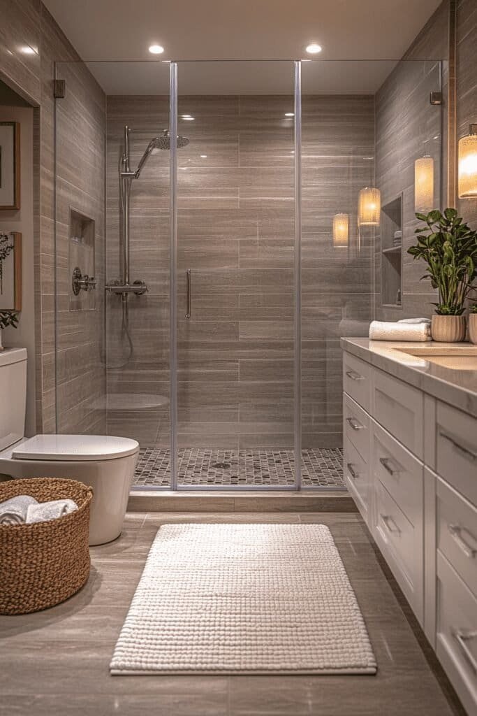 Spacious walk-in shower with spotless glass doors, demonstrating how to clean shower glass doors easily