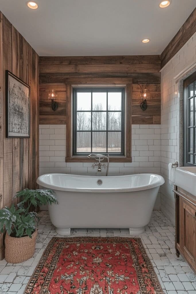 Farmhouse bathroom with natural stone tiles and reclaimed wood finishes.