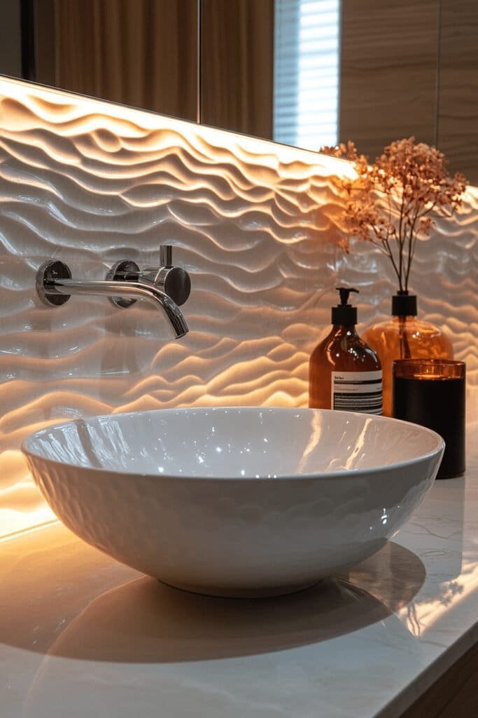 Bathroom with textured 3D wave pattern tiles and soft lighting