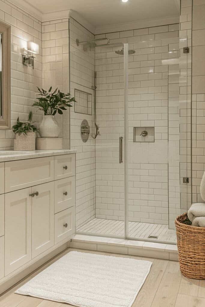 Modern tiny bathroom remodel with compact vanity and walk-in shower, highlighting how long to remodel a bathroom.