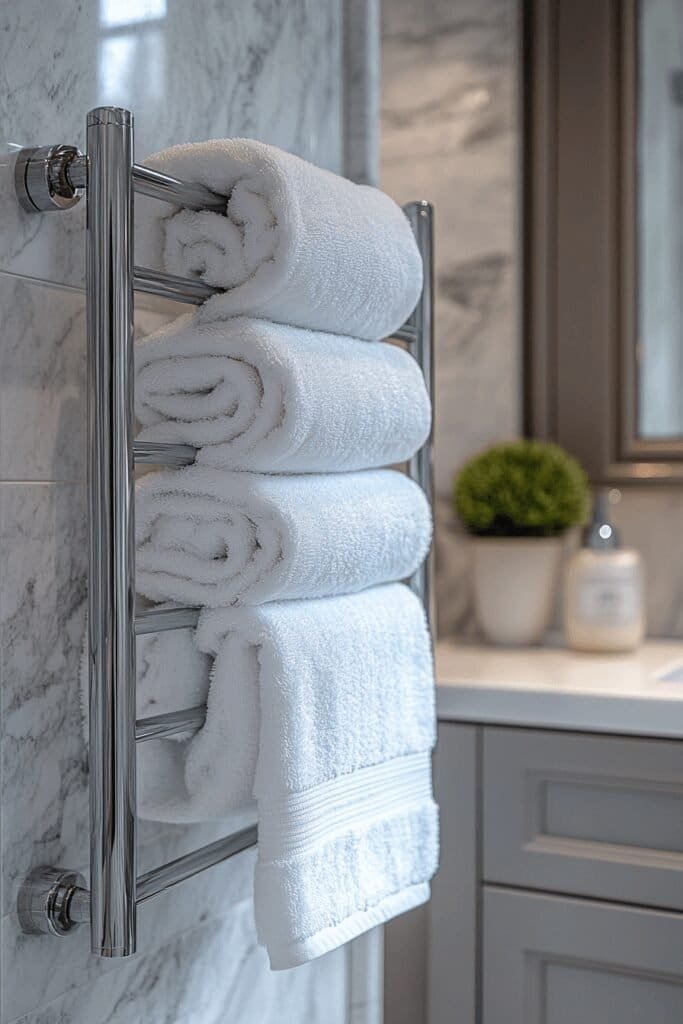 Towel warmer in a compact bathroom showcasing luxurious small bathroom accessories.