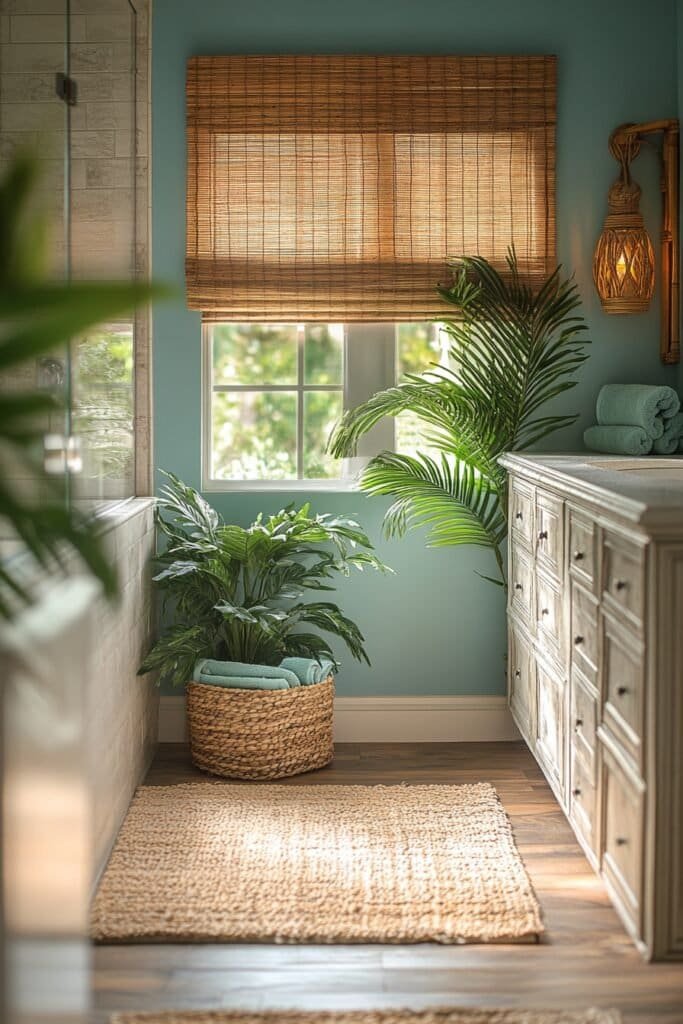 Tropical-inspired bathroom with natural materials and greenery