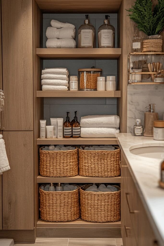 Innovative Small bathroom ideas using vertical storage with shelves and cabinets.