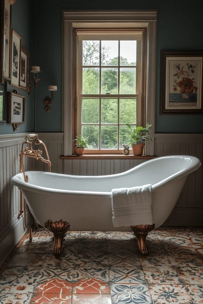 Victorian bathroom with elegant fixtures and vintage clawfoot tub.