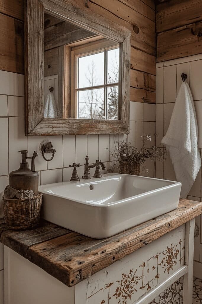 Farmhouse bathroom with a large vintage mirror and distressed wood frame.