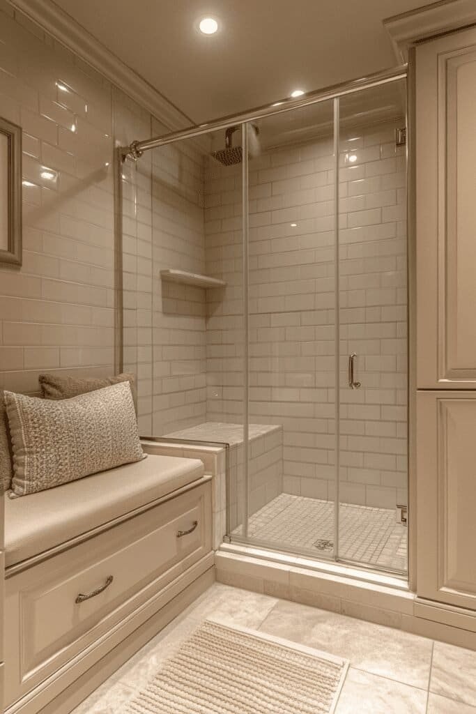 Spacious walk-in shower with built-in bench and glass partition.