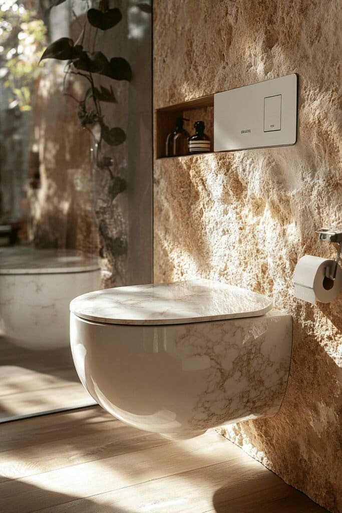 Wall-hanging modern toilet with sleek design, reflecting the evolution in the history of the bathroom.