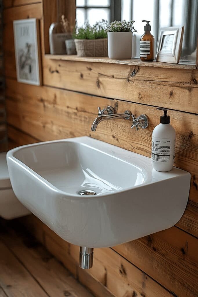 Wall-mounted sink with vanity in a small bathroom to save floor space.