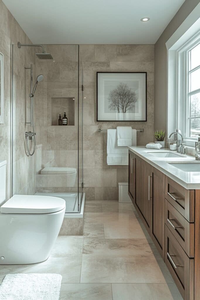 Small bathroom design featuring a wall-mounted vanity and frameless glass shower.