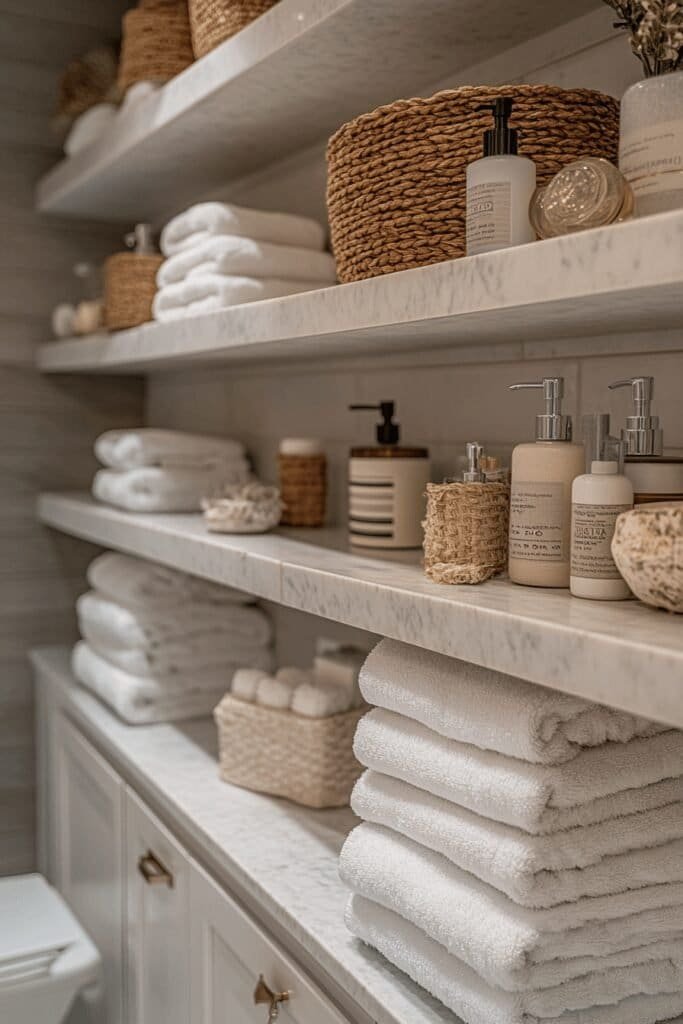 Wall-mounted shelves showcasing small bathroom accessories ideas for maximizing space.