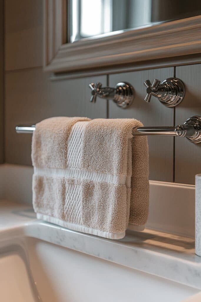 Wall-mounted towel rail with chrome bathroom fittings for a modern look.