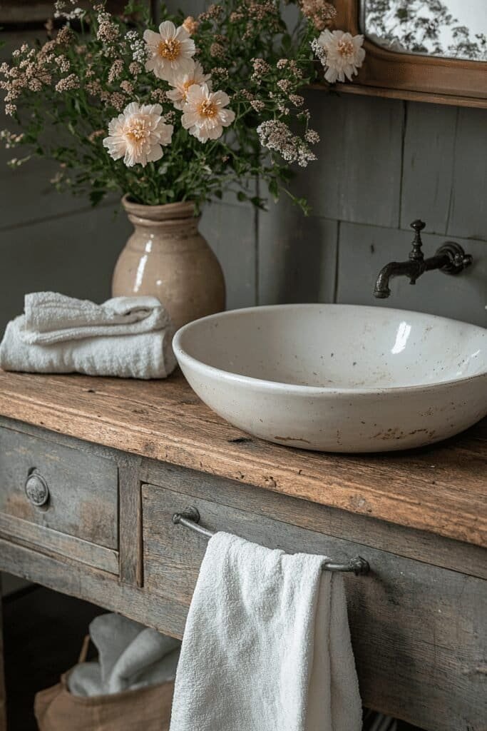 Farmhouse bathroom with a weathered wood vanity and rustic sink.