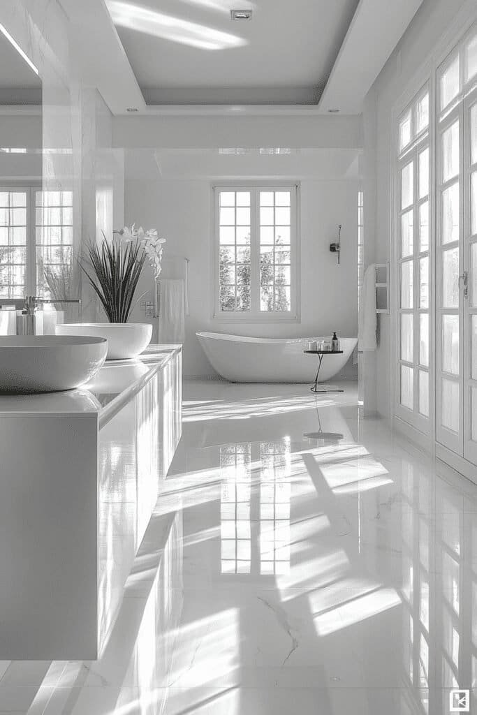 White bathroom with clean lines, featuring bright lighting and minimalist design.