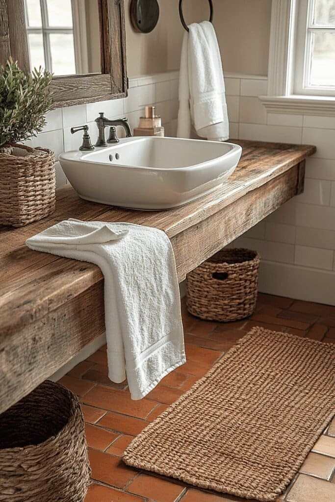 Woven decorative rug in front of a vanity in a stylish bathroom