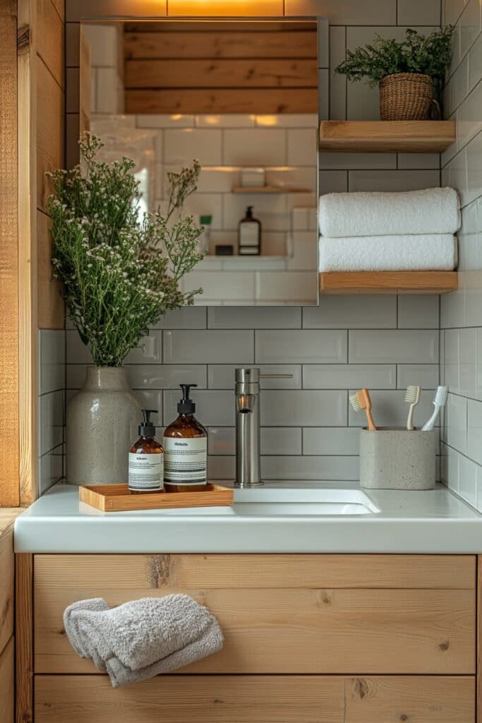 Bathroom countertop decor in Airbnb with bathroom accessories