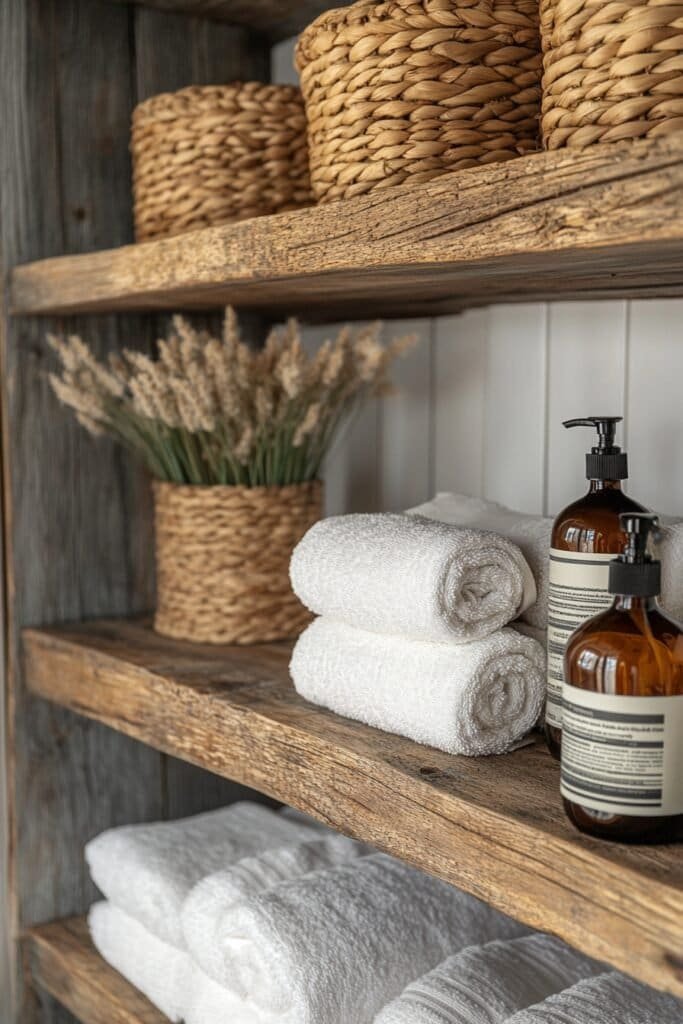 Airbnb bathroom shelves with functional and decorative items