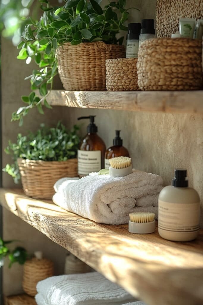 Bathroom shelves decorated with greenery and bathroom accessories