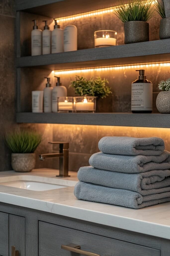 Contemporary bathroom shelves decorated with bathroom accessories