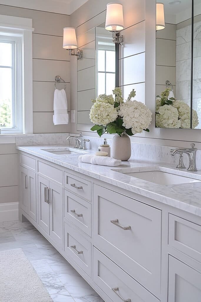 Bathroom with a double sink vanity and large mirror