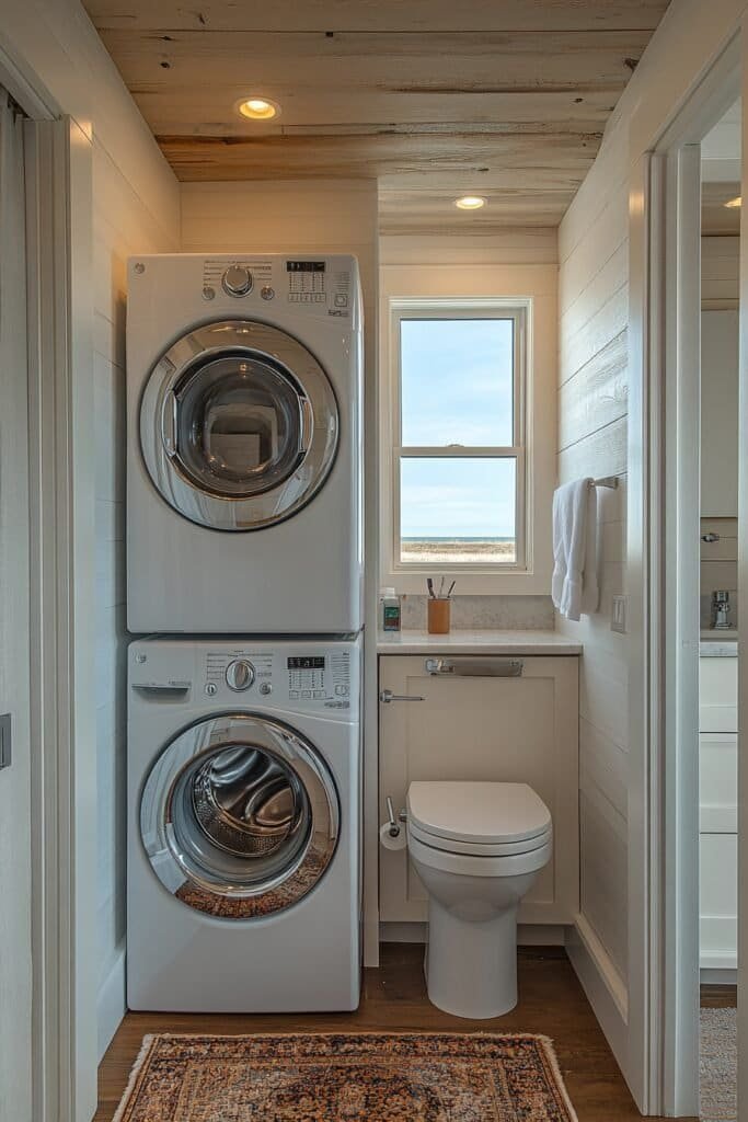 Family bathroom with washer and toilet for convenience