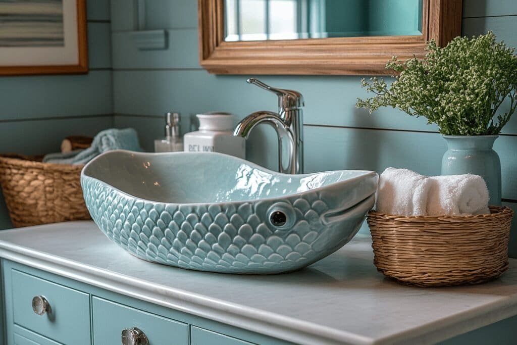 Fish-shaped soap dish in a fishing themed bathroom.