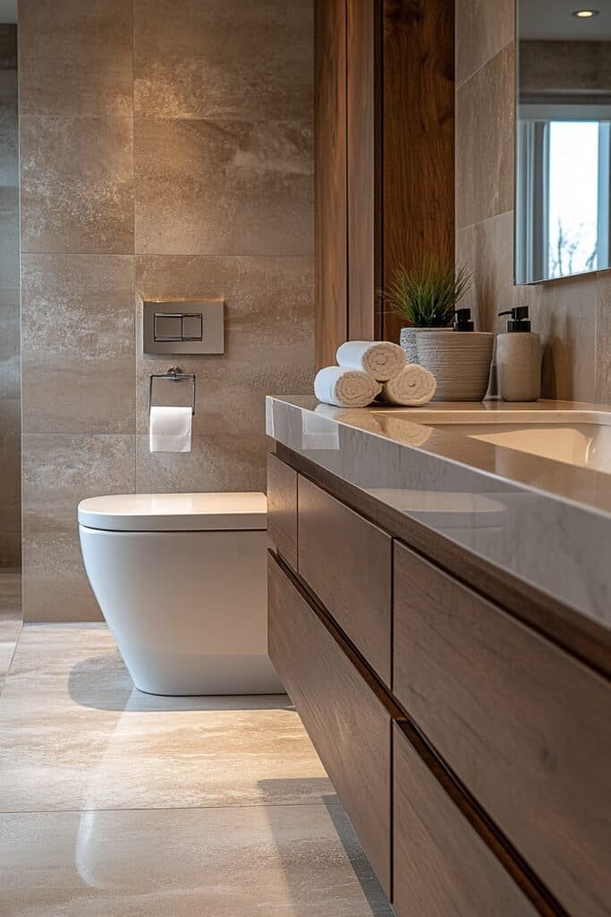 Minimal bathroom with toilet paper holder mounted at standard height