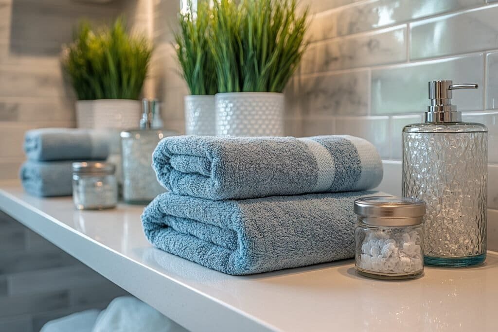 Modern bathroom shelves decorated with towels and accessories